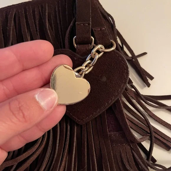 bebe Dark Brown Fringe Clutch with Heart Tags - Picture 8 of 9